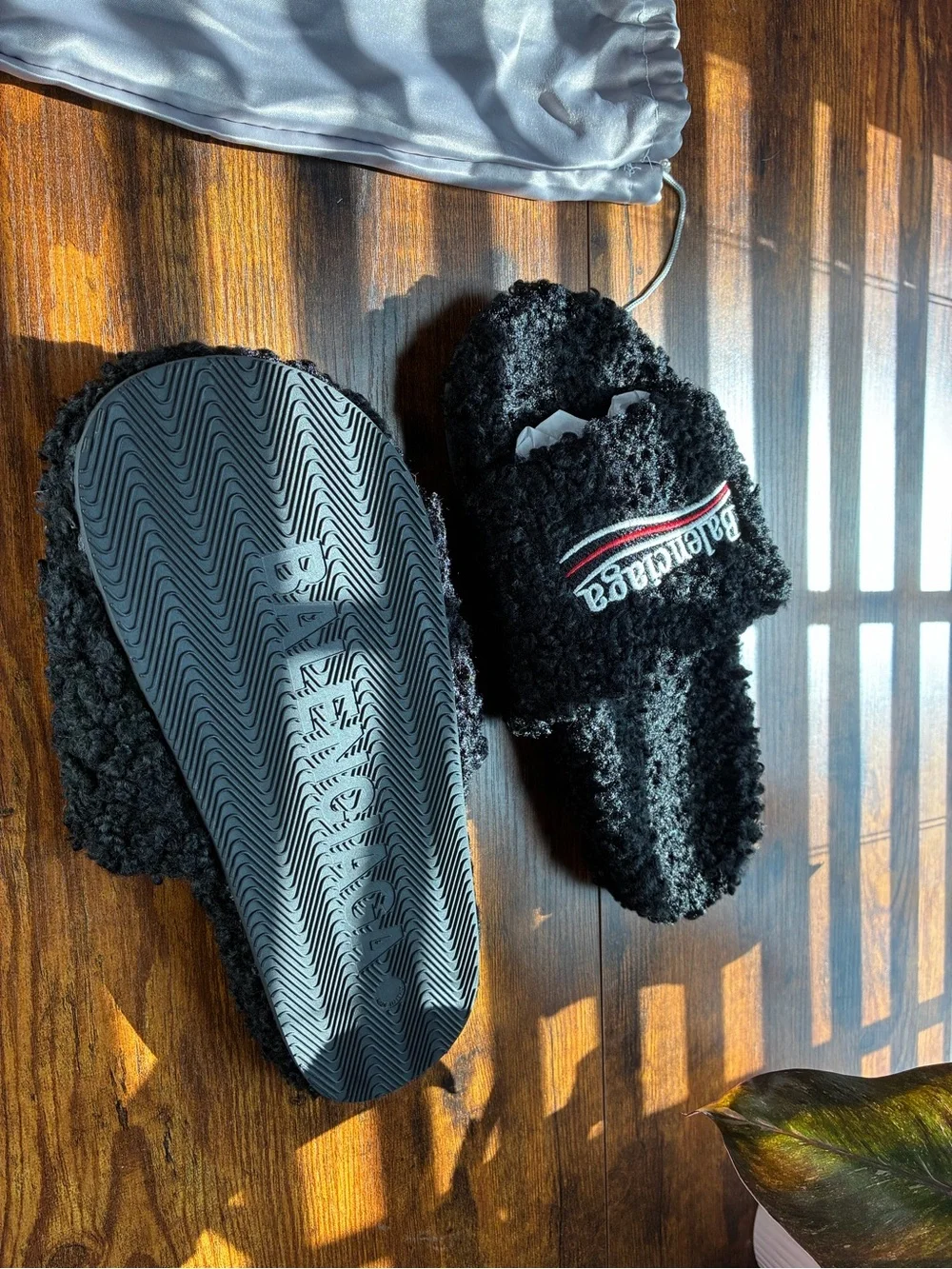 Balenciaga Black Fuzzy Logo Slide Sandals with Red-White Accent